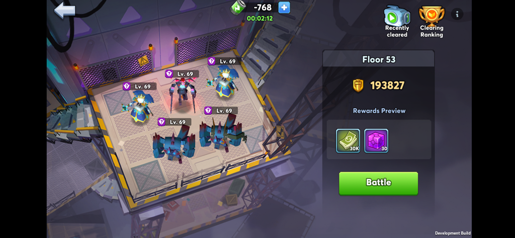 Pantalla del juego City Arena que muestra un equipo de cinco héroes de nivel 69 en el Piso 53 listos para la batalla con una vista previa de recompensas