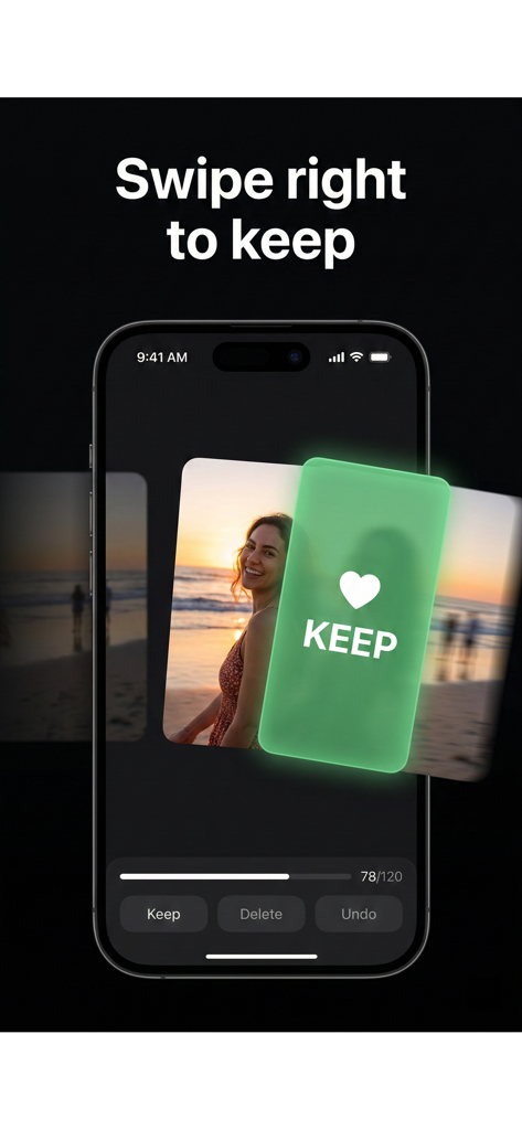 Photo Cleaner &Storage Cleaner - Una pantalla de smartphone que muestra una aplicación de limpieza de fotos con un gesto de deslizar a la derecha para conservar una imagen seleccionada.