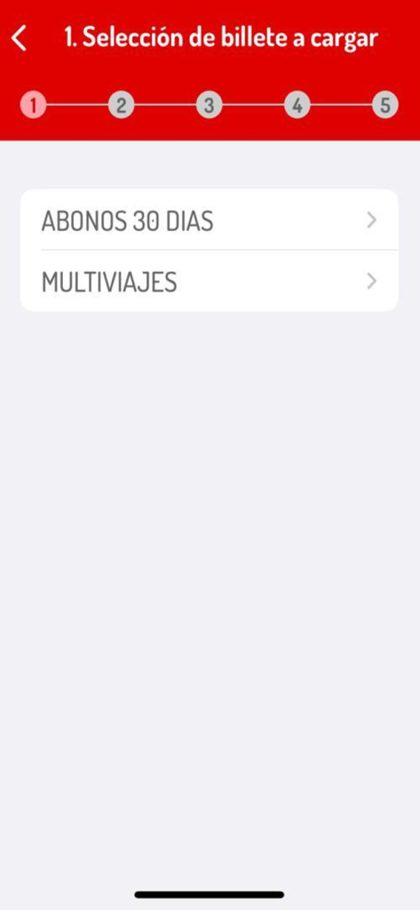 Step one of the Madrid transport app showing ticket selection options for monthly passes and multi trip journeys