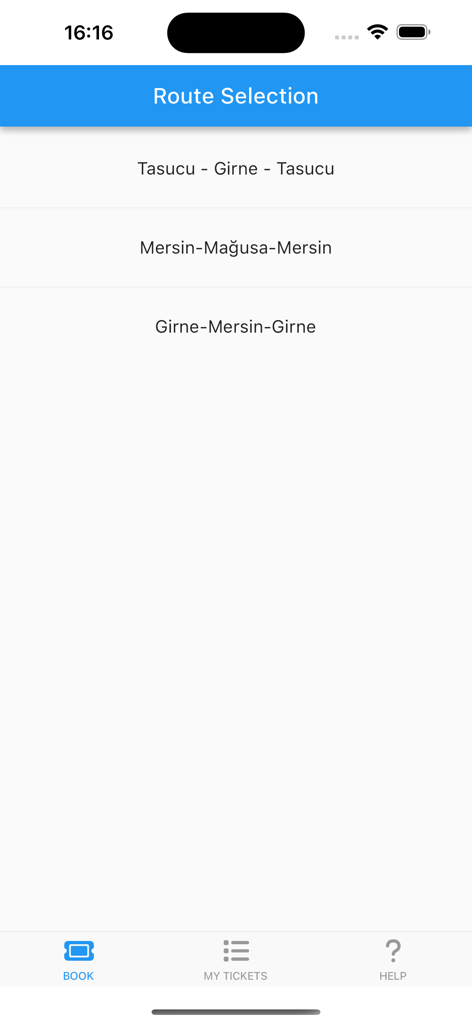 Akgunler Denizcilik - Mobile app screen showing a list of ferry route options between Turkey and Cyprus.