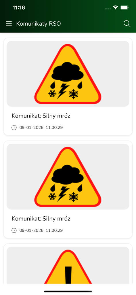 Interfaccia dell'app Gmina Kolbiel che mostra notifiche di allerta meteo per gelo intenso