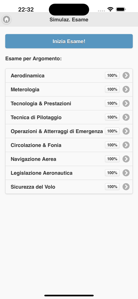 Quiz VDS App-Bildschirm mit Themen der Flugprüfungssimulation und Abschlusswerten