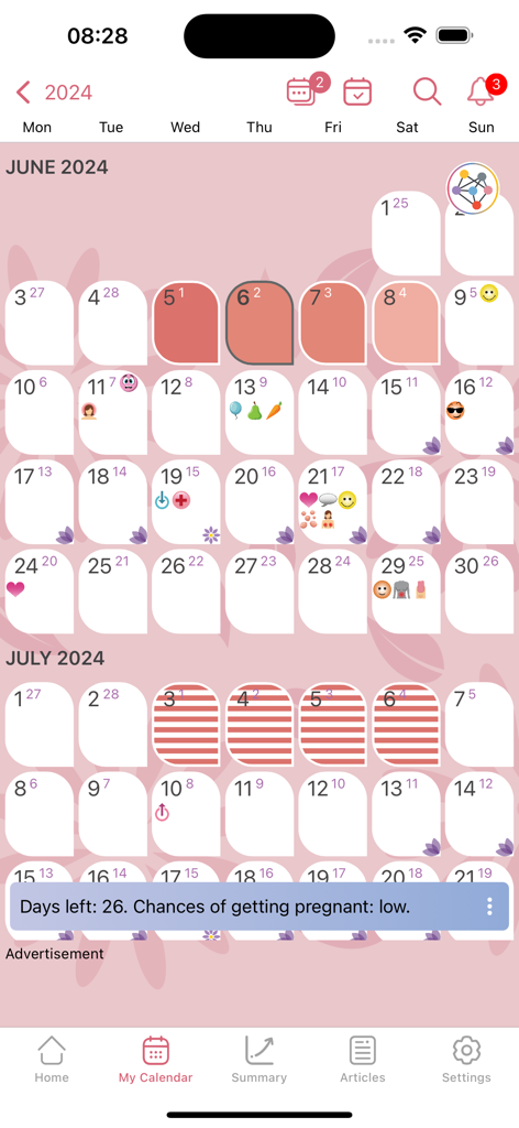 WomanLog Calendar - WomanLog app menstrual calendar view showing tracked symptoms and pregnancy probability.