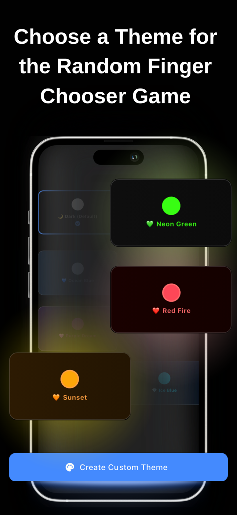Finger Chooser - Random Finger - Una pantalla de smartphone que muestra varios temas coloridos para la aplicación Finger Chooser