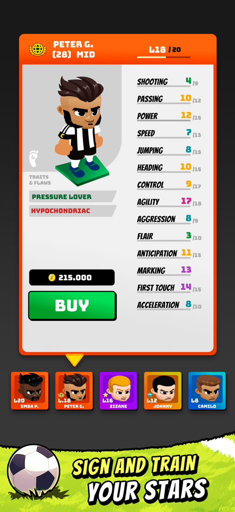 Fire Up Football Manager - Detailed soccer player profile and statistics screen in Fire Up Football Manager