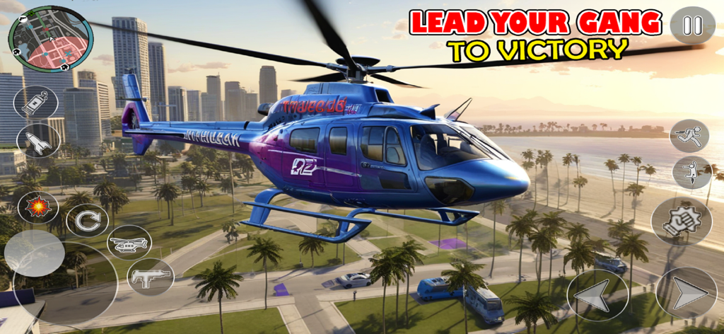Gangster Crime City Offline - A blue and purple helicopter flying over a coastal city in Gangster Crime City Offline.