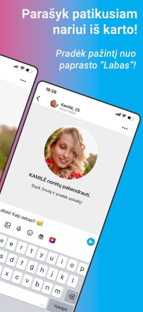 Screenshot of the Draugas.lt dating app chat screen showing a message being sent to a profile