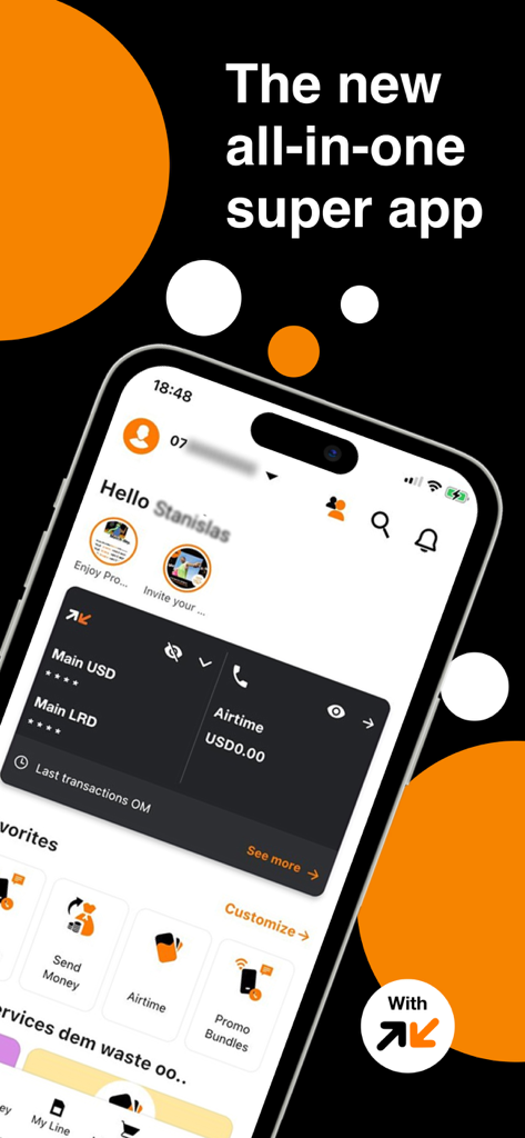 Interfaz de la aplicación móvil Orange Max it Liberia mostrando saldos de cuenta y accesos directos a servicios