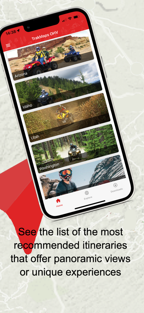 Interface do aplicativo móvel TrakMaps mostrando uma lista de itinerários OHV recomendados para estados como Arizona, Idaho, Utah e Washington.