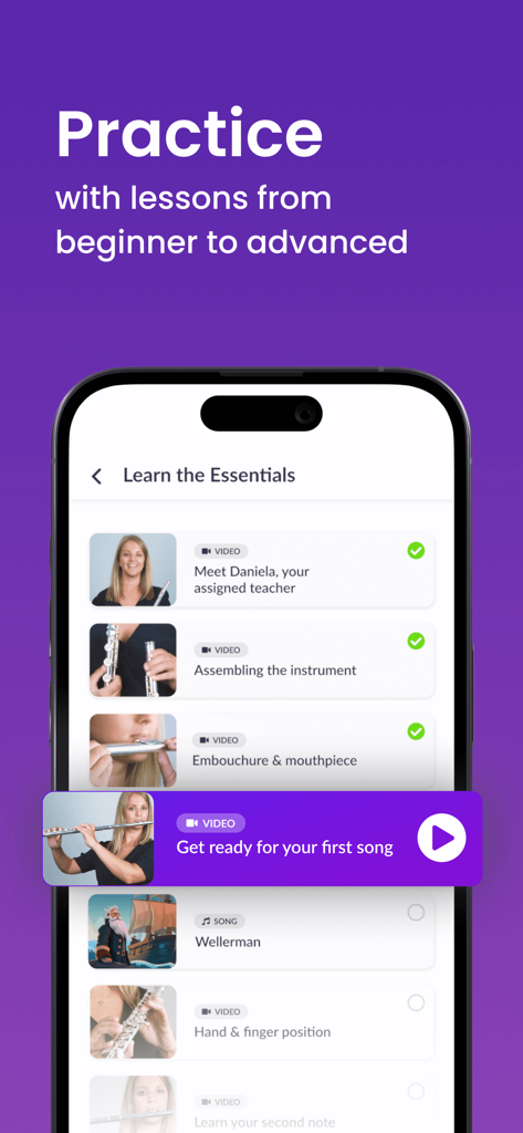 Smartphone screen showing a curriculum of flute lessons for beginners and advanced players in the tonestro app