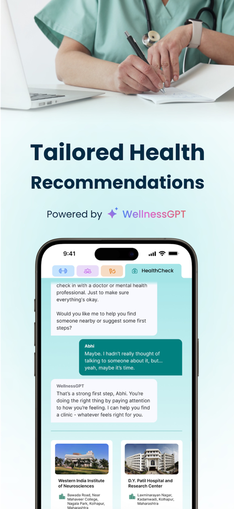 HeyDoc AI : WellnessGPT & ABHA - HeyDoc AI app interface displaying tailored health recommendations and hospital suggestions powered by WellnessGPT