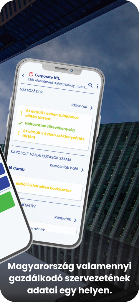 Opten Cégtár céginformáció - A smartphone showing corporate data and risk indicators for a Hungarian company in the Opten Cegtar app.