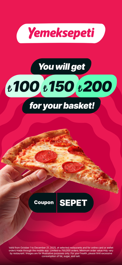 Yemeksepeti: Food & Grocery - Yemeksepeti app promotion showing a hand holding a pepperoni pizza slice with Turkish Lira discount coupons and the code SEPET.