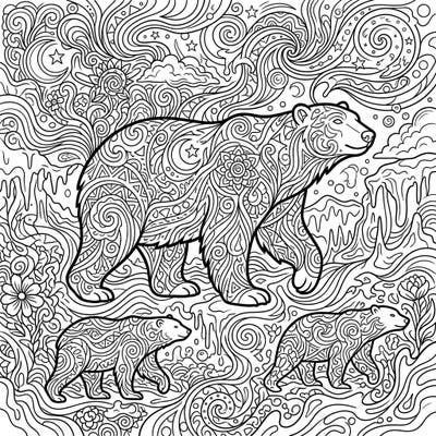 Explore an extraordinary blend of nature and abstract art with this psychedelic polar bear coloring page. Immerse yourself in a world of swirling patterns and intricate details, perfect for a captivating coloring experience.
