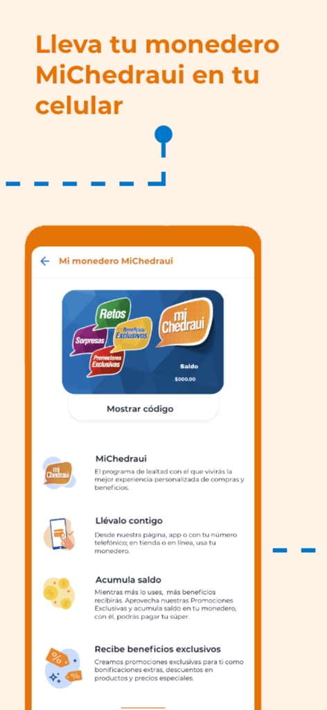 Chedraui - Tienda en línea - Interfaz de la app Chedraui mostrando la billetera digital MiChedraui y beneficios del programa de lealtad