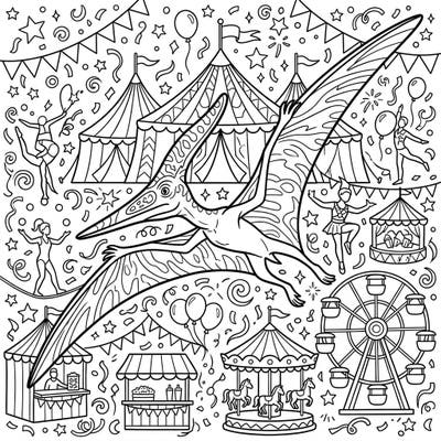 Experience the thrill of a prehistoric carnival with this unique Nyctosaurus coloring page. This detailed illustration features a flying pterosaur amidst bustling circus tents, acrobats, and fairground attractions.