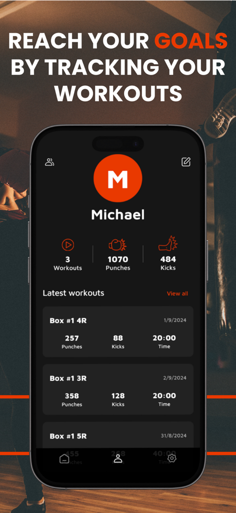 GoHit - Kickboxing Workout - Panel de la app GoHit mostrando estadísticas de entrenamiento del usuario para golpes y patadas