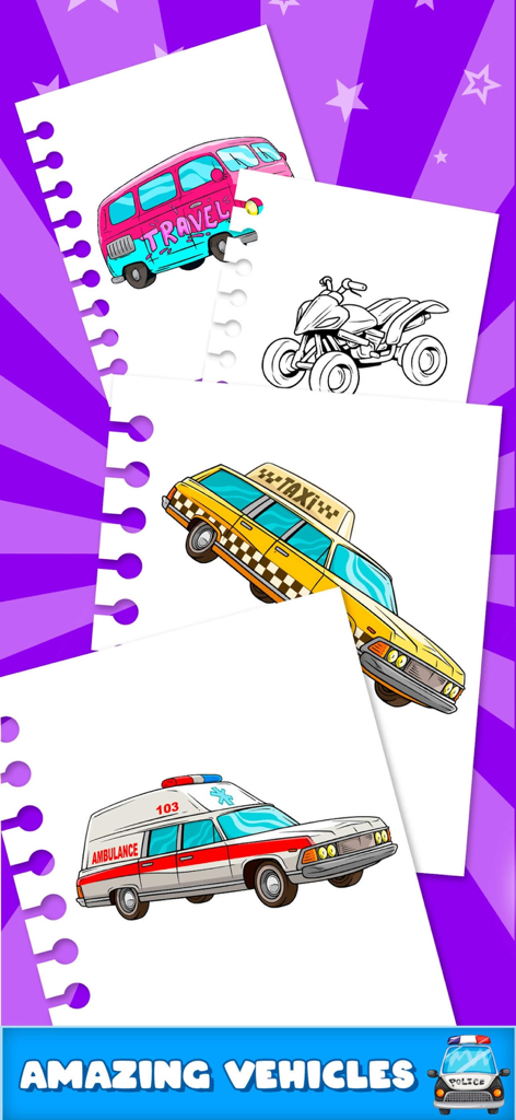 Cars Coloring Pages Game . - Eine Sammlung von Auto-Malvorlagen, darunter ein Krankenwagen, ein Taxi und ein Van