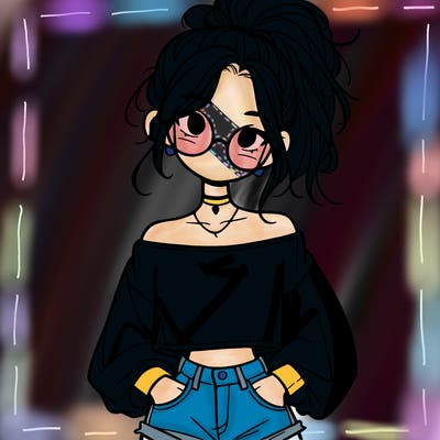 girl with a messy ponytail glasses a baggy crop top and jean shorts