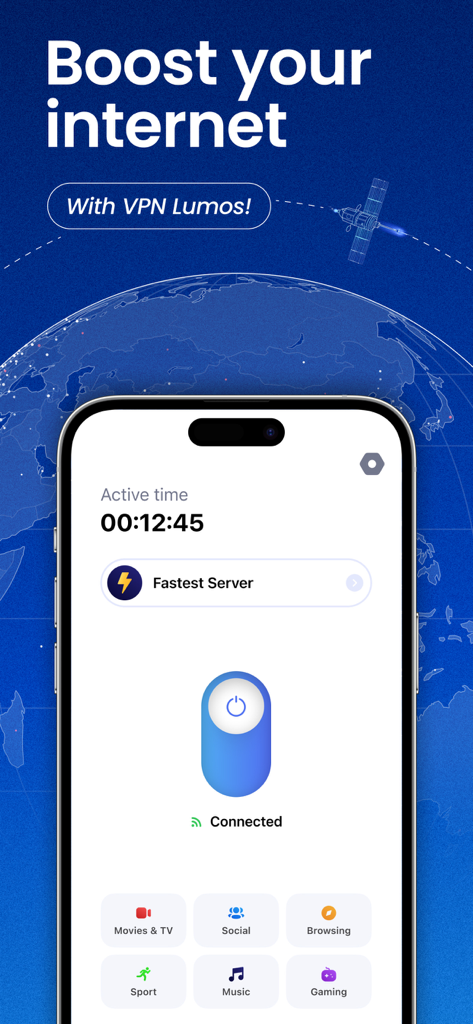VPN Lumos mobile app interface showing a connected status with category icons for movies, social media, and gaming.
