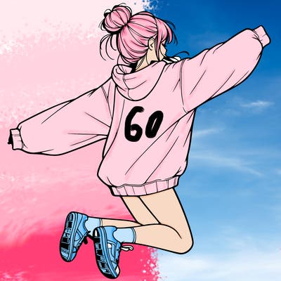 realistic girl jumping with a bun and oversized sweatshirt