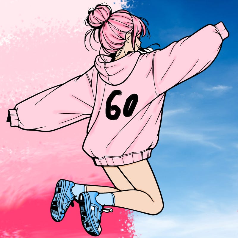 realistic girl jumping with a bun and oversized sweatshirt