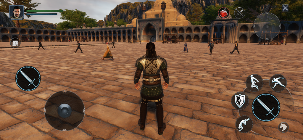 Alparslan: Warlord RPG Game - Juego en tercera persona de Alparslan Warlord RPG que muestra a un guerrero en una plaza histórica de la ciudad.