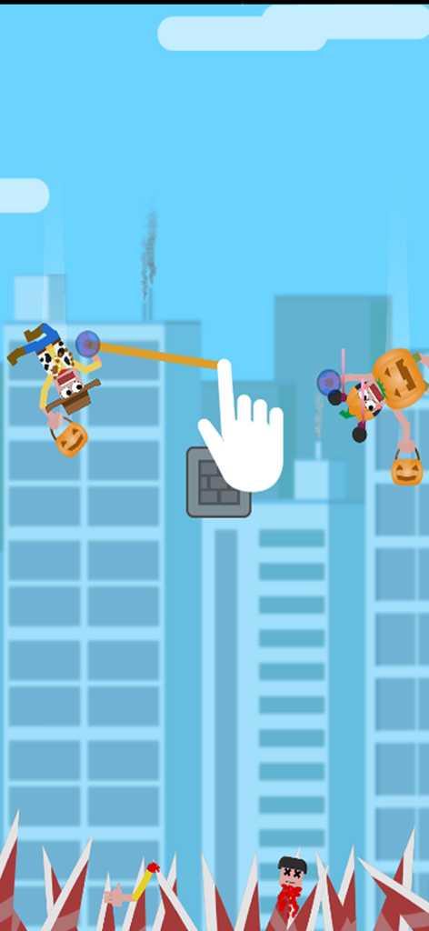 Fall Boys: Rope Rescue - Gameplay of Fall Boys Rope Rescue showing a hand drawing a rope to save falling characters from spikes in a city.