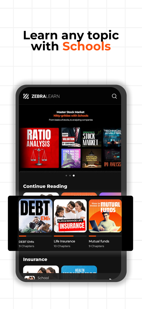 Painel do aplicativo ZebraLearn mostrando cursos de finanças e mercado de ações