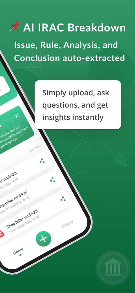 AI Legal Case Analyzer screen explaining the IRAC breakdown for automated case summaries