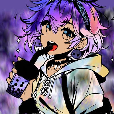 hot baddie anime girl drinking boba and biting the straw