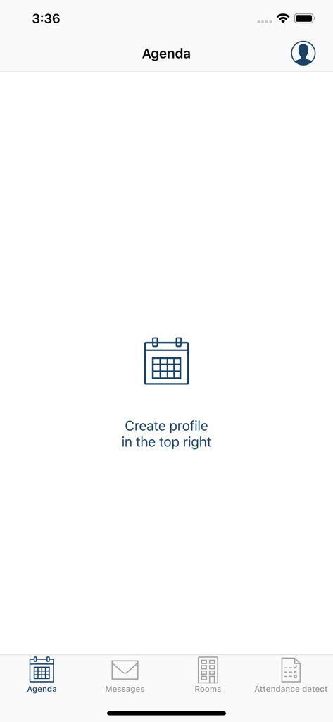 UNISA Lezioni - Pantalla de agenda vacía de la aplicación UNISA Lezioni que muestra un icono de calendario y una indicación para crear un perfil