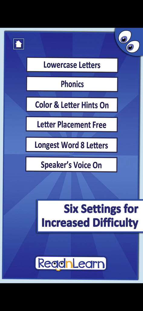 Italian First Words Lite - Settings menu of the Italian First Words Lite app showing options for phonics hints and word length difficulty
