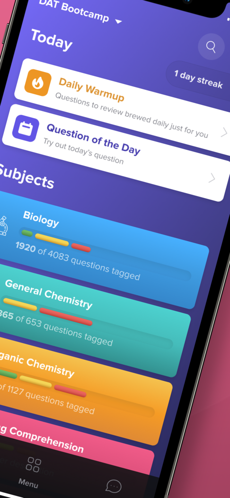 Bootcamp.com - Bootcamp app interface showing DAT study subjects and daily progress tracking