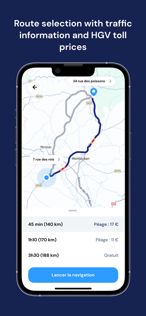 NavXL Truck Navigation - NavXL App-Bildschirm mit LKW-Routenoptionen, Mautpreisen und Entfernungen