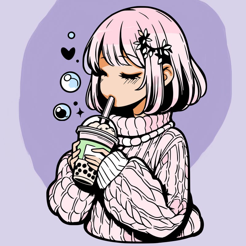 manga girl drinking boba in cozy sweater