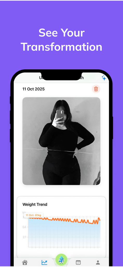 Wellive - GLP-1 Care AI - Wellive app interface showing a progress photo and weight trend chart