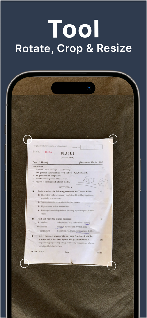Scanner: PDF Document Scan App - Tela do iPhone exibindo a ferramenta de corte, rotação e redimensionamento em um aplicativo de scanner de documentos