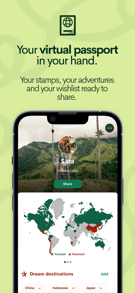 Passporter | Plan and Travel - Passporter app screen displaying a virtual passport with a color-coded world map tracking traveled and dreamed destinations.