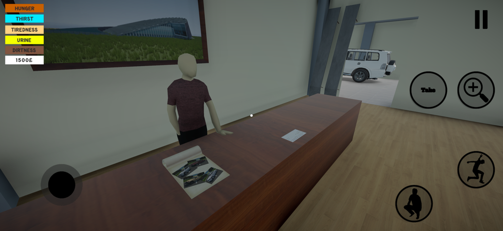 Egyptian Life - First person view of a car shop in Egyptian Life showing survival stats and an NPC