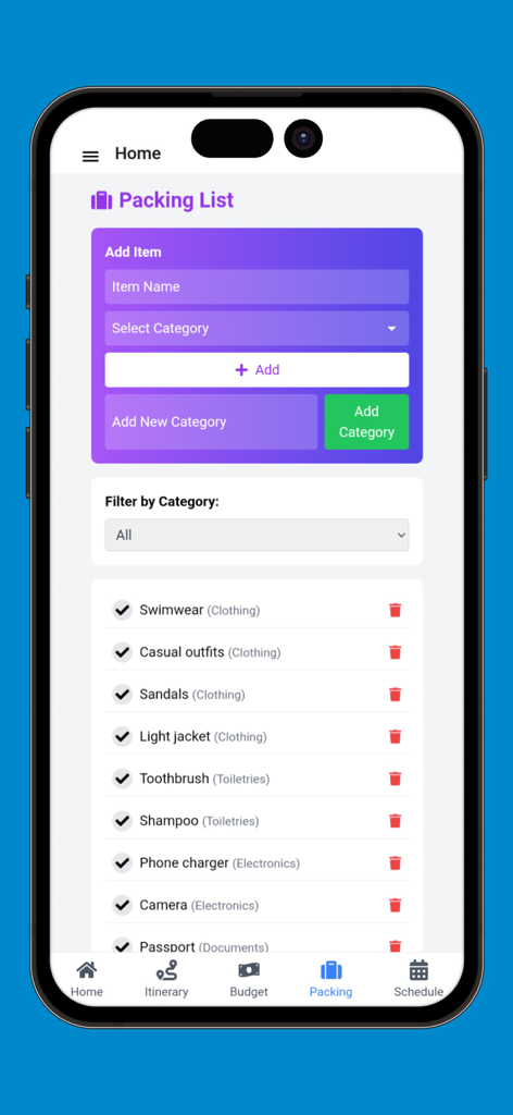 여행 플래너 여행 정리 앱에서 분류된 준비물 목록을 표시하는 iPhone 화면.