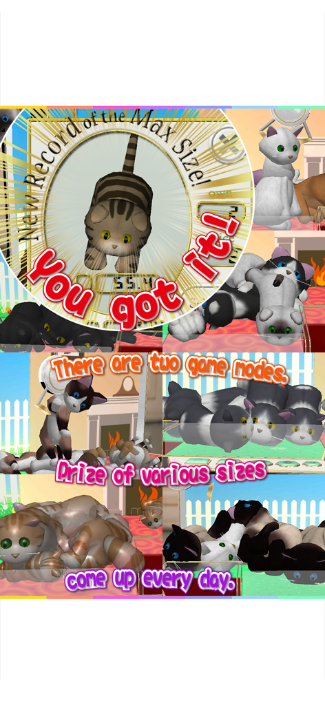 Uma colagem mostrando vários tamanhos e raças de gatinhos de gato 3D coletados no jogo Claw Crane Cats