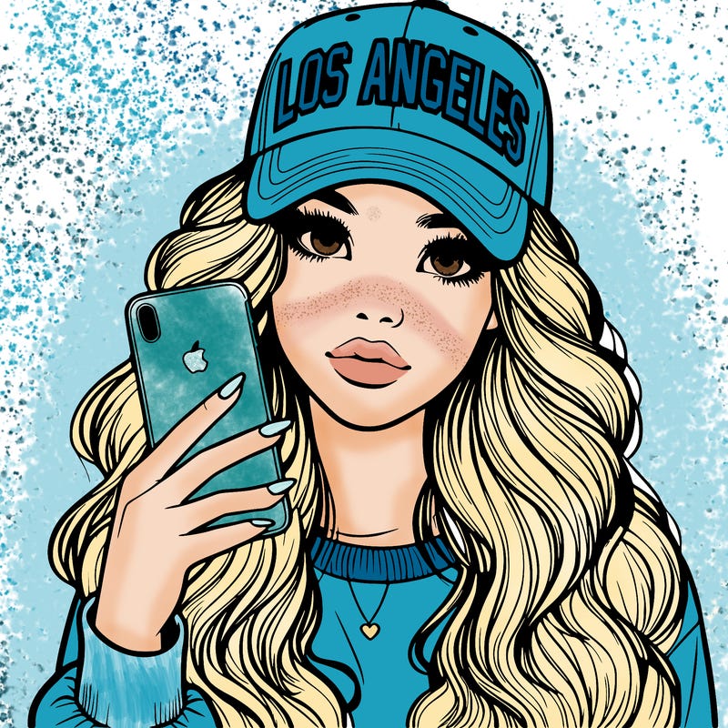 realistic beautiful girl wearing los ángeles cap holding an iphone
