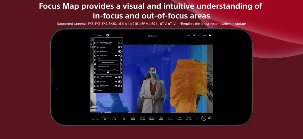 Uno schermo di smartphone che visualizza l'app Sony Monitor and Control con la sua funzione Focus Map che visualizza le aree a fuoco e fuori fuoco