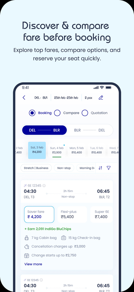 IndiGo Access B2B flight fare comparison and booking interface