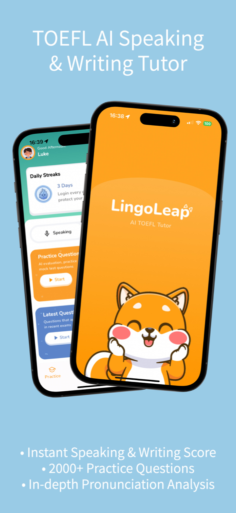 LingoLeap: AI TOEFL Prep - Two iPhones displaying the LingoLeap AI TOEFL Prep app interface with its orange fox mascot and test preparation features