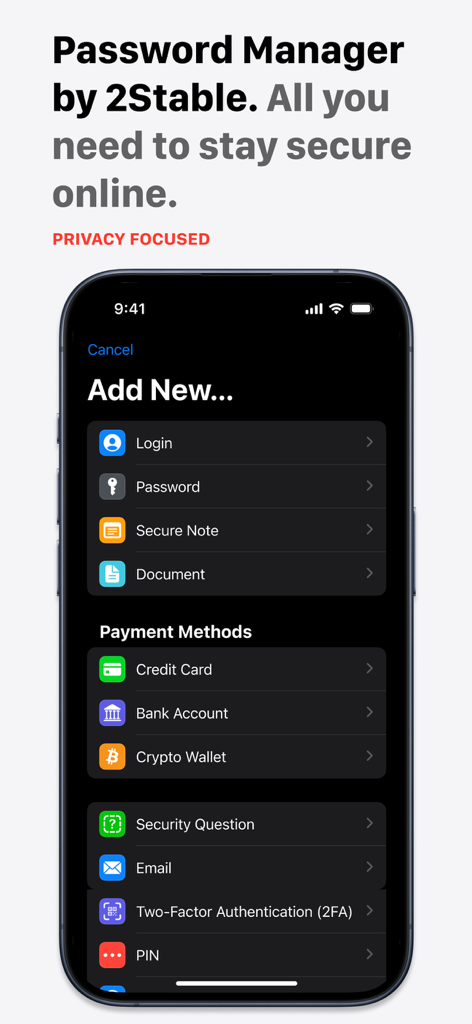 Password Manager by 2Stable app screen on an iPhone showing options to add new logins, credit cards, and secure notes to an encrypted vault.