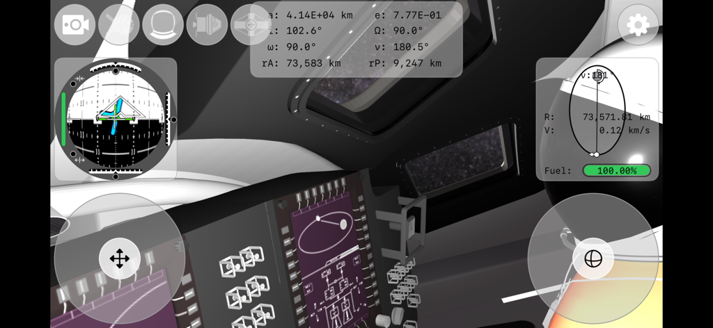 Mission Orion 2 - Interfaz técnica de cabina del simulador espacial Mission Orion 2 con datos orbitales y pantallas de navegación