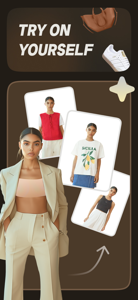 AI Clothes Changer: Stylist - Mobile app interface showing the Try On Yourself feature with multiple outfit variations on a model.