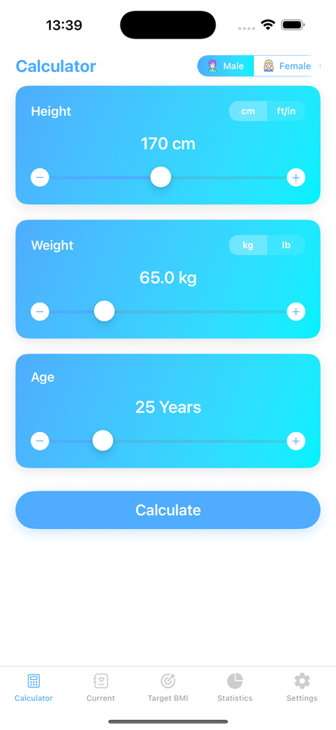 BMI Mate plus app calculator screen showing height weight and age input sliders